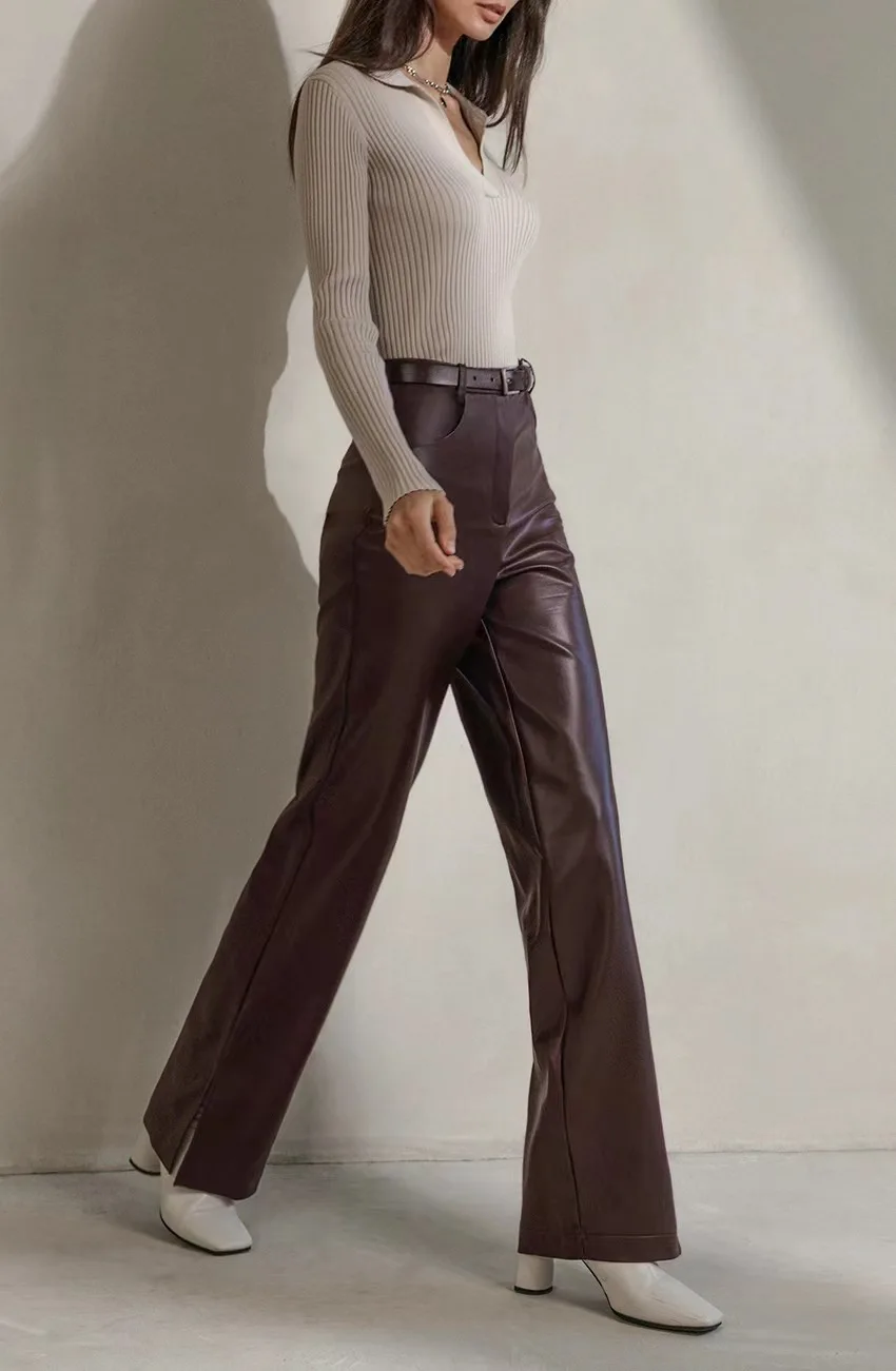 

High Waist Casual PU Leather Pants Split Straight Leg Trousers Autumn Winter Faion Ladies Premium Quali Long Pants