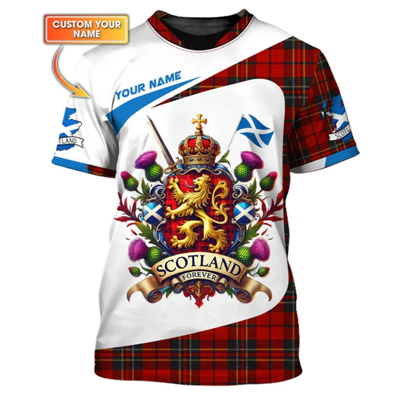 Scotland Custom Name T-shirt For Men's Clothing Short Sleeve T Shirts Striped Plaid Lion Pattern Daily Casual Oversized Tee Top