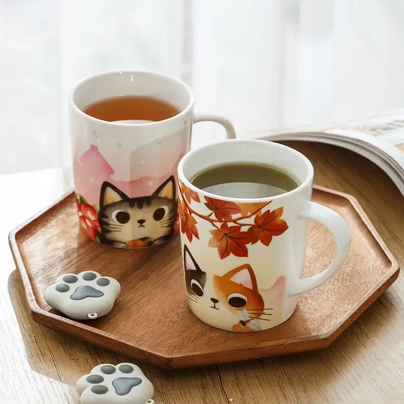 Japanese Cat Ceramic Mug, Cute Coffee Mugs, Cherry Blossom Cat Breakfast Milk Cups, Office Home Couple Water Cup, Birthday Gift