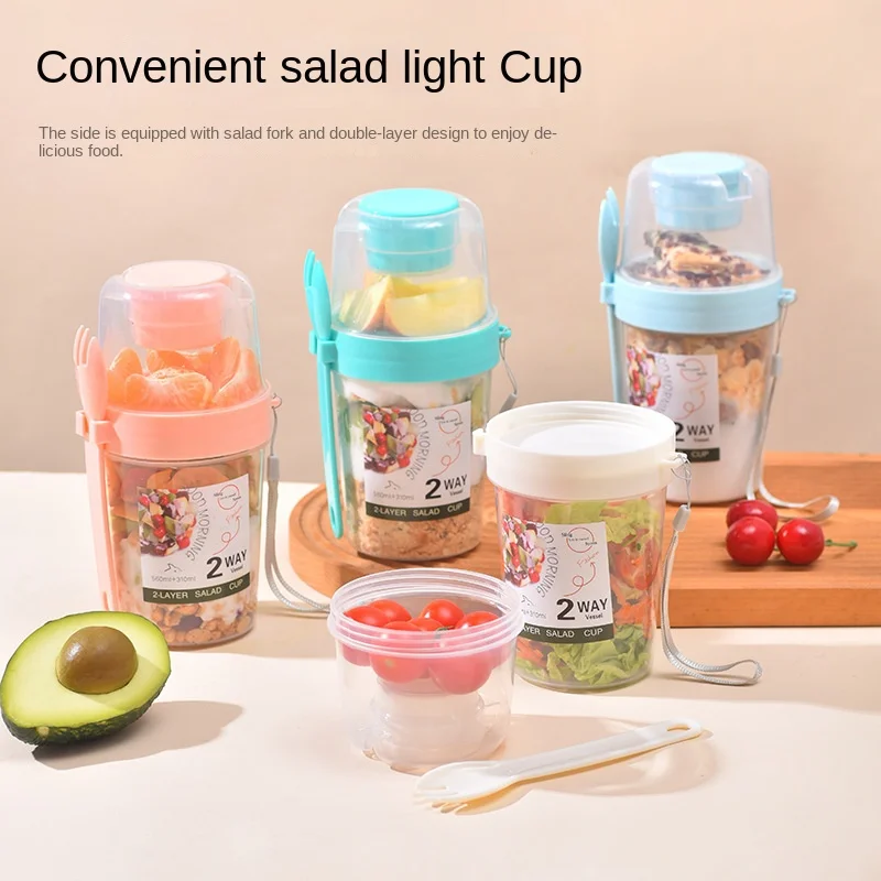 Salad Shaker Cup wiht Sauce Cup Portable Plastics Cereal Cup Mason Jar Salad Container for Lunch with Lids and Fork