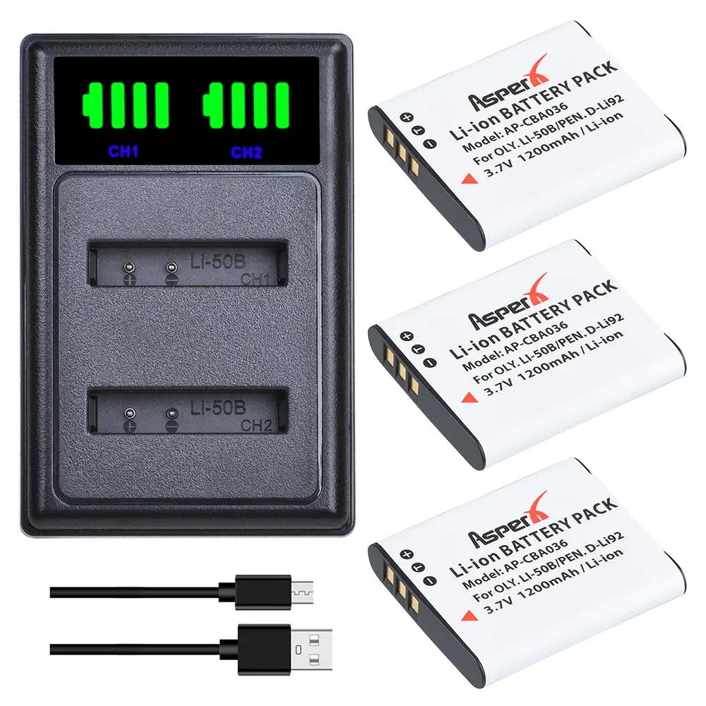 3Pc Li-50B D-Li92 Li 50B Li50B D Li92 Battery Bateria + ładowarka z portem typu C do Olympus u6010 u6020 Pentax XZ-1 SP-800UZ
