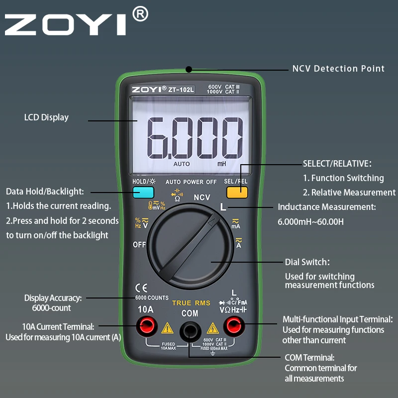 Automatyczny multimetr indukcyjności ZT-102L ZOYI kompaktowy, precyzyjny multimetr zapobiegający poparzeniom 60H