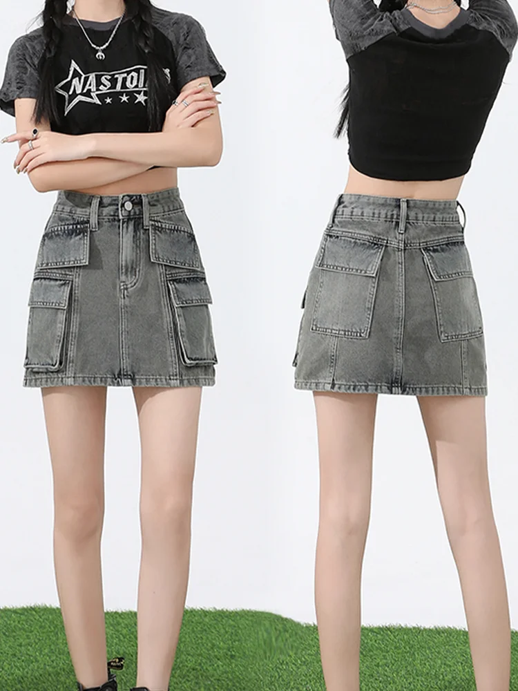 Women's Grey A-line Cargo Denim Skirt 90s Aesthetic Vintage Y2k Mini Jean Skirts Harajuku Korean Skirt 2000s Clothes Summer 2024