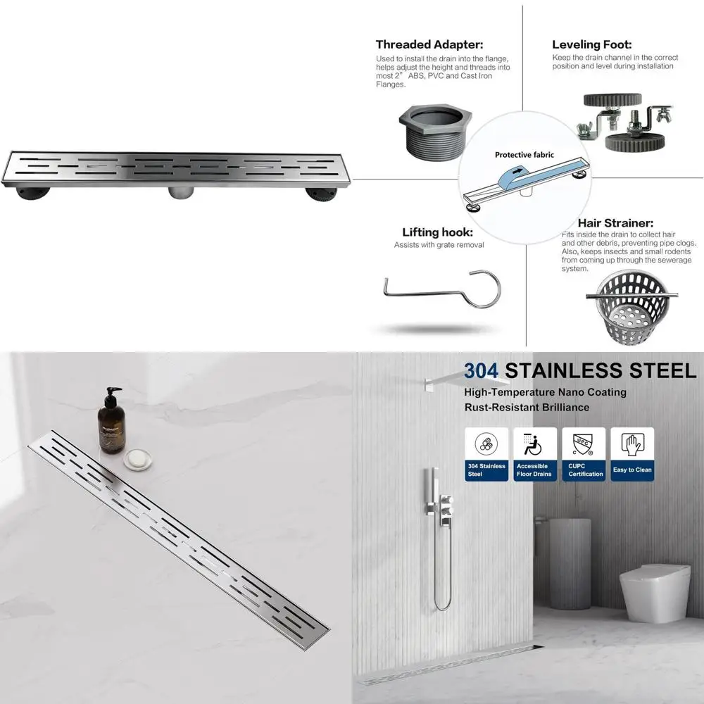 

28 Inch Linear Shower Drain with Adjustable Brick Grate in Brushed Stainless Steel