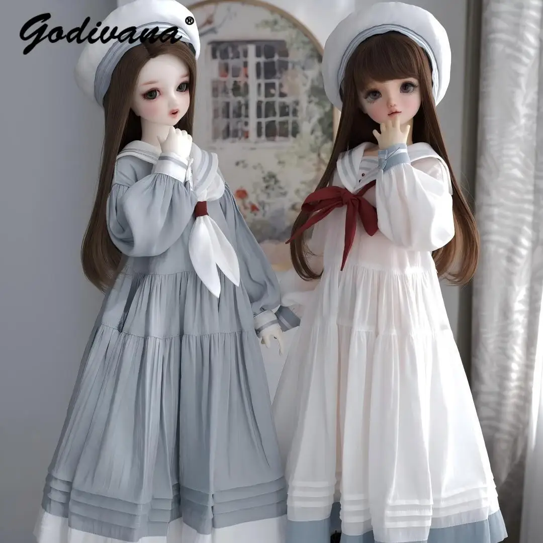 1/3 1/4 BJD Doll Sailor Collar Long Dress Sweet Cute Fresh Navy Style Loose Tiered Maxi Dresses with Beret Hat Doll Outfit Set