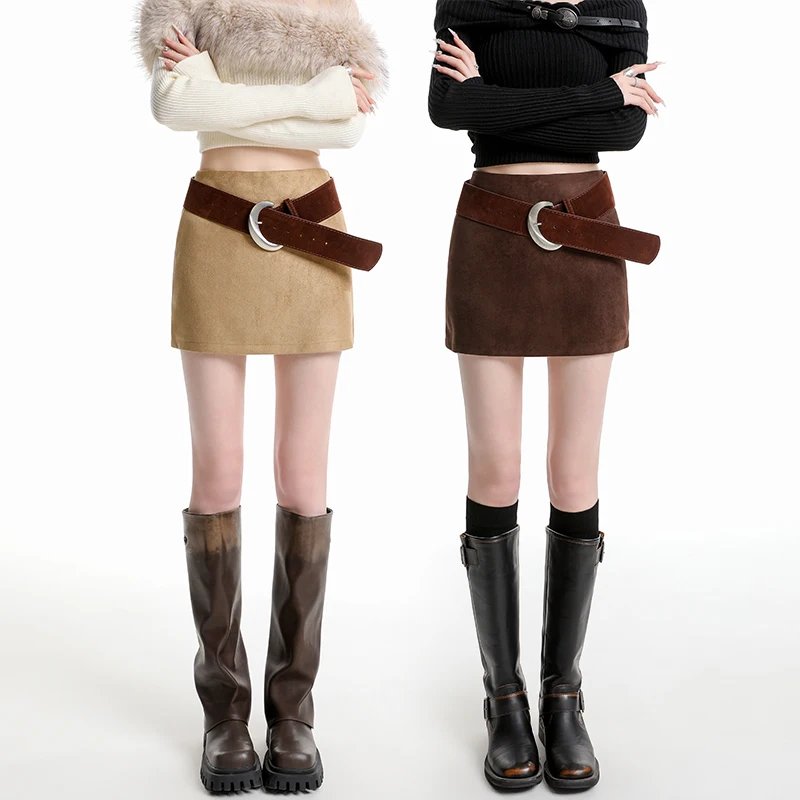 Y2K Faux Suede Mini Skirt Women Autumn Winter High Waist Bodycon Pencil Short Skirt Streetwear