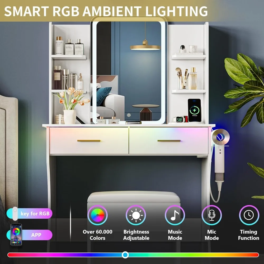 طاولة مكياج مدمجة مضيئة بإضاءة LED مع مساحة تخزين ومخرج طاقة وأوضاع إضاءة قابلة للتعديل