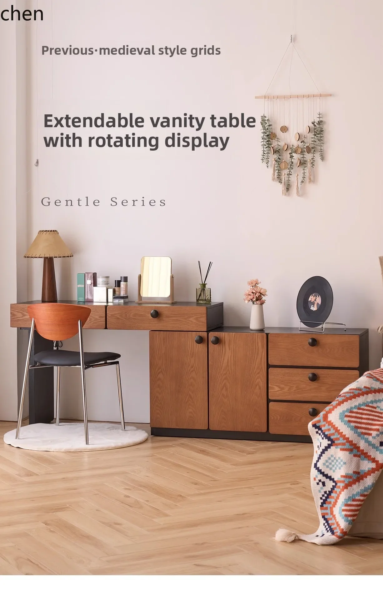 DSADressing Table and Chest of Drawers Integrated Bedroom Extendable Walnut Wood Grain Makeup Table All Solid Wood
