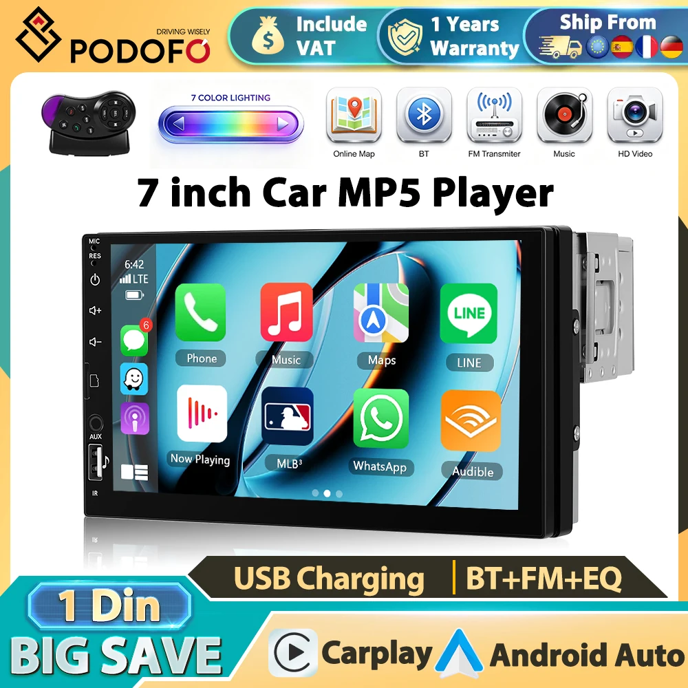 Podofo 2Din Inteligentne Systemy Samochodowe 7'' Ekran LCD Dotykowy Carplay Android Auto Radio Samochodowe Multimedia USB BT Uniwersalne Autoradio