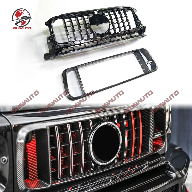 For G Class W463A Upgrade Refit G900 Style Carbon Front Grill Mesh With Light For Benz G63 G500 Rocket Grille Frame Cover