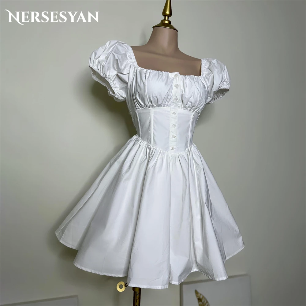 

Nersesyan Solid Elegant Mini Wedding Dreses Ruched Square Collar A-Line Bridal Gowns Backless Pleats Buttons Bride Dress 2024