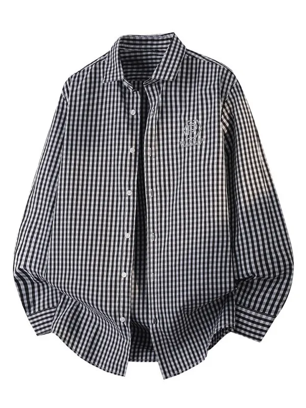 

Embroidered Plaid irt Men's Spring Layering Faion Brand Top 3D aphic Youth ular Turn-down Collar Stand Fit Long S...