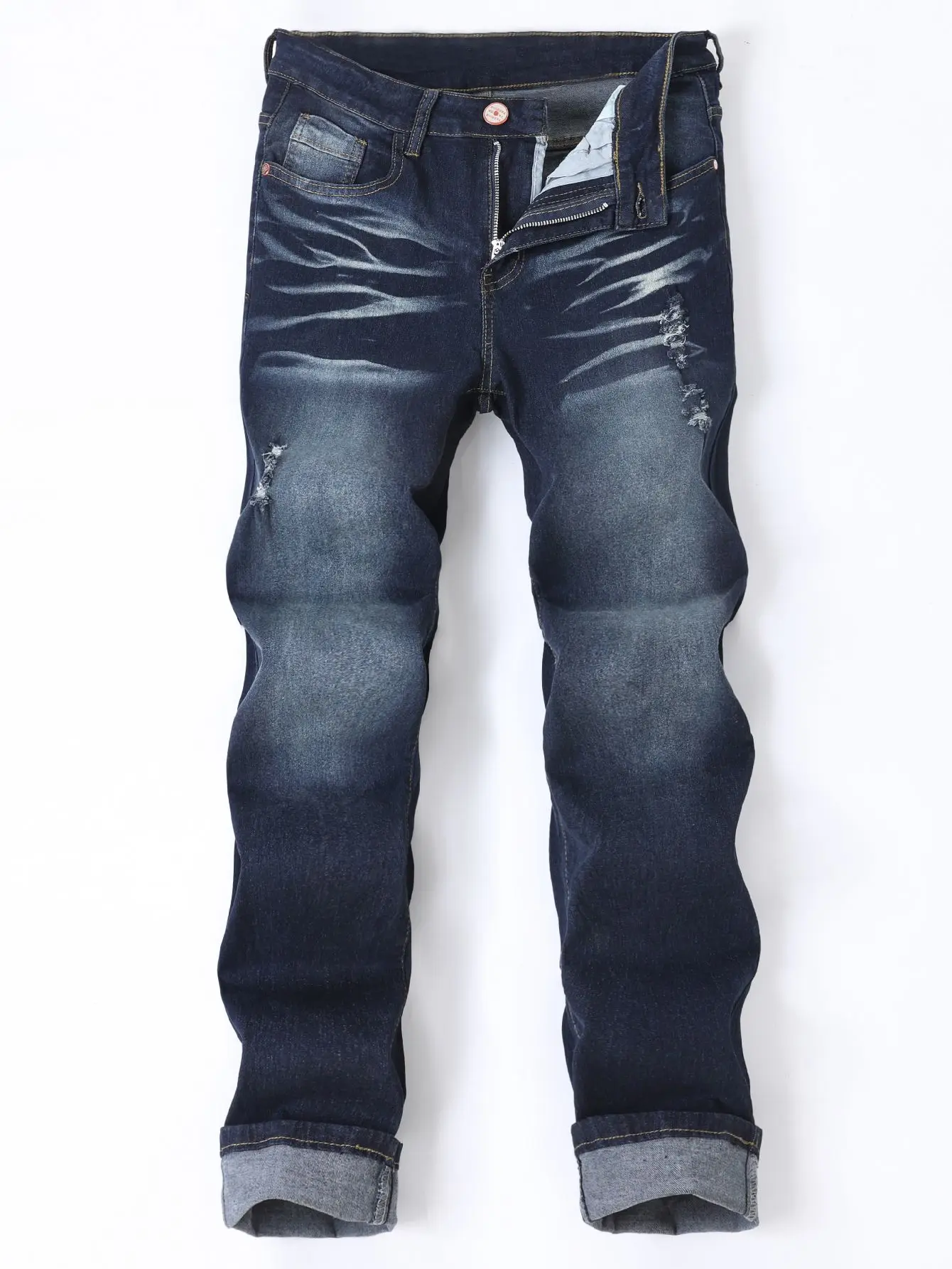 Men's jeans with elastic holes, deep blue pants, multi craft design, slim fit men's pants, suitable for all seasons
