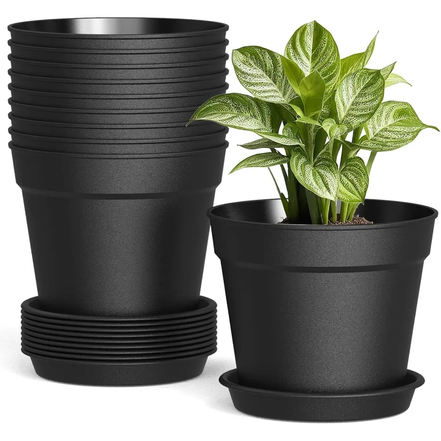 

10 Pack 6 Inch Plant Pots with Drainage and Saucers Black Plastic Flower Pots for Indoor and Outdoor Plants Stackable Nursery P