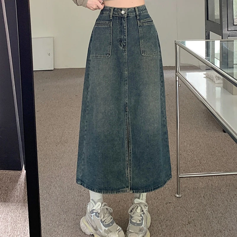 High Waisted Split Denim Skirt for Women New Slim A-Line Skirt for Spring/summer 2024 Pocket Washed Mid Length Skirt