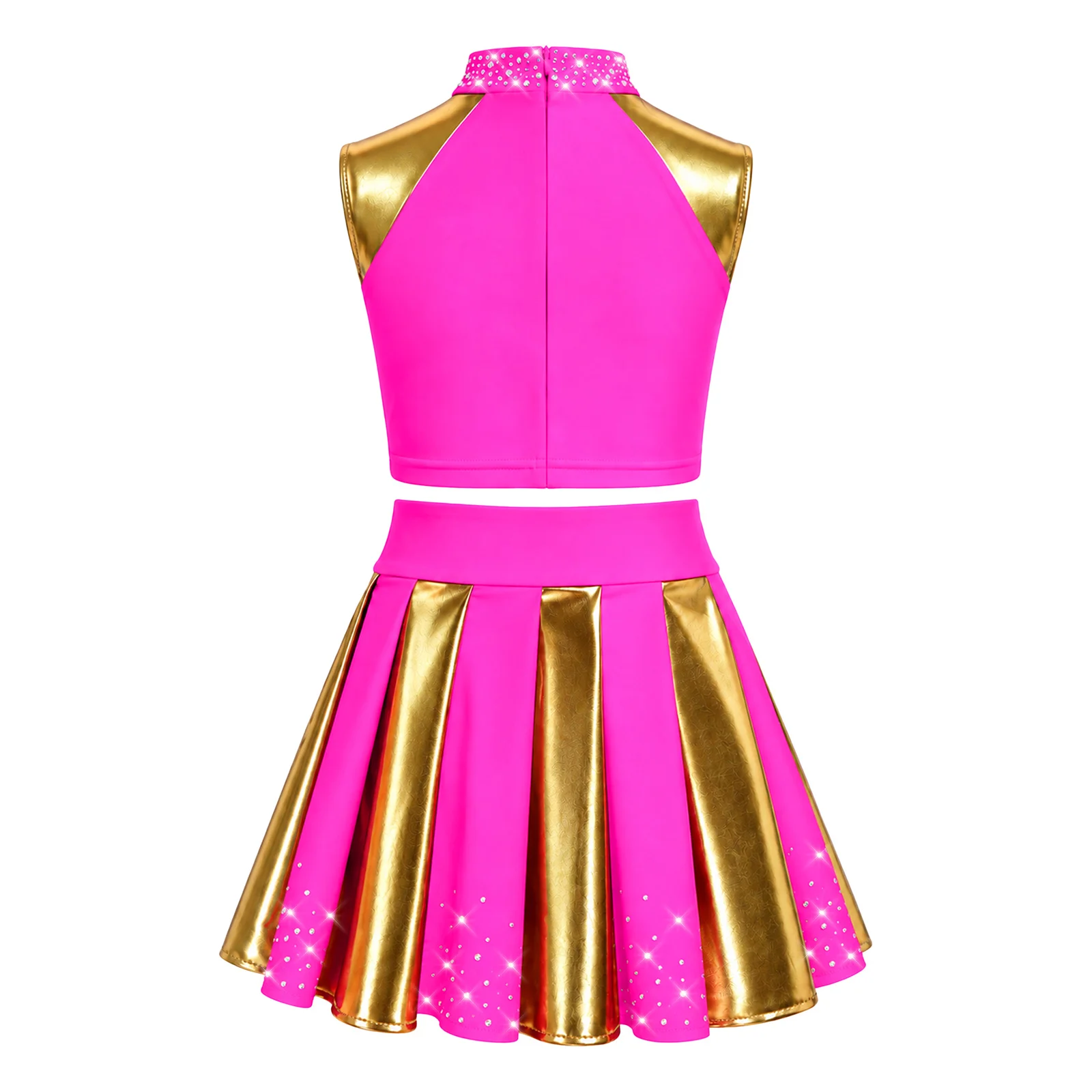 Cheerleader-Kostüm für Mädchen, Cheerleading-Uniform, 2-teiliges Set, ärmelloses Top mit Strasssteinen und „CHEER“-Aufdruck, kurzes Oberteil, plissierter Rock, Tanzoutfit. – Detail 5