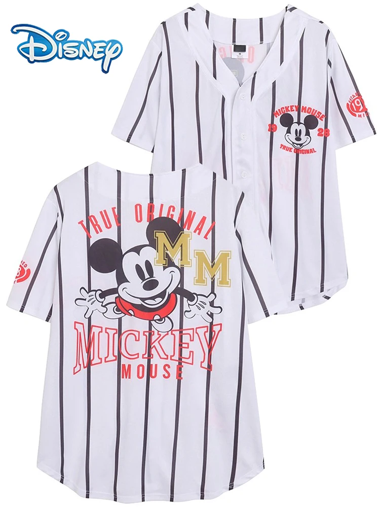 

Disney Striped T-Shirt Mickey Mouse Cartoon Casual Women Short Sleeve V-Neck Single-breasted Baseball Jersey Quick-dry Tops