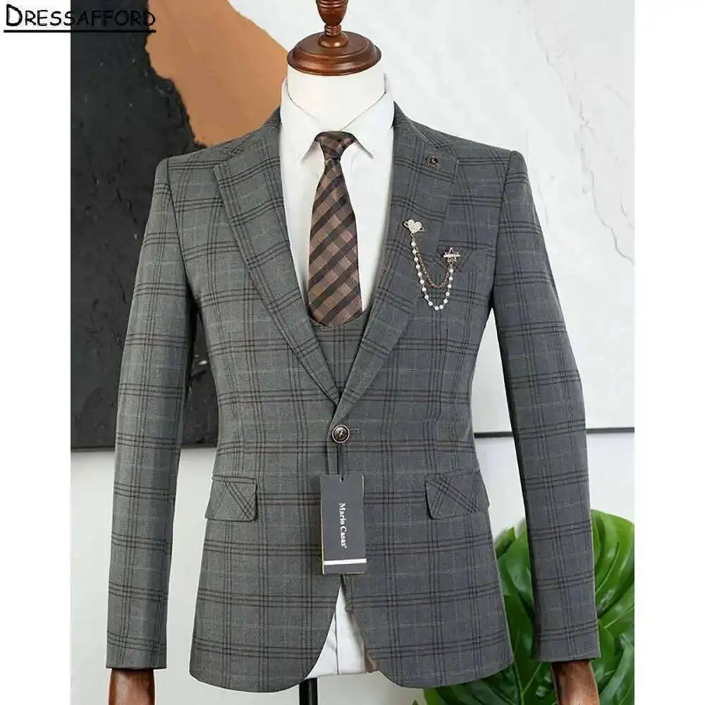 Gray Checked Men Business Formal Ocn Tuxedos Grooms Wedding Party Prom Male Suit 3 Piece Set Blazer Vest Pants