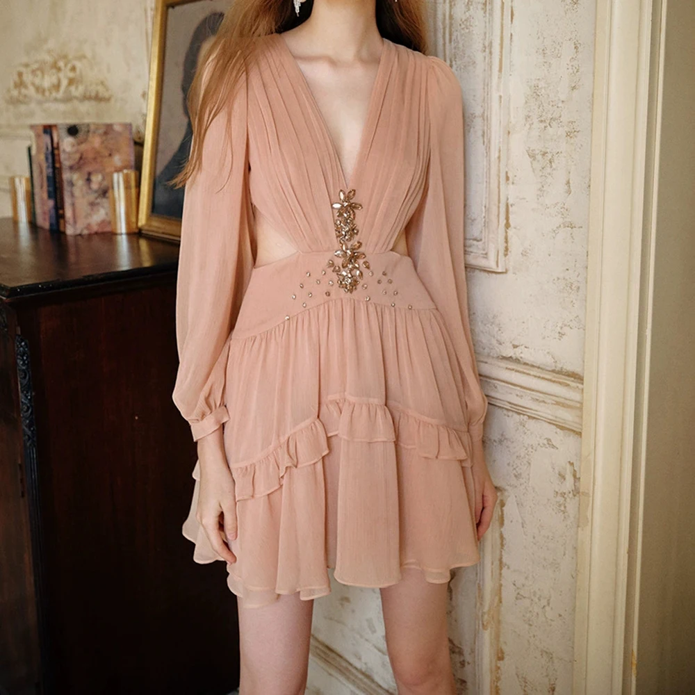 2025 early spring French niche design waist-baring champagne pink rhinestone chiffon holiday dress-GZXX681