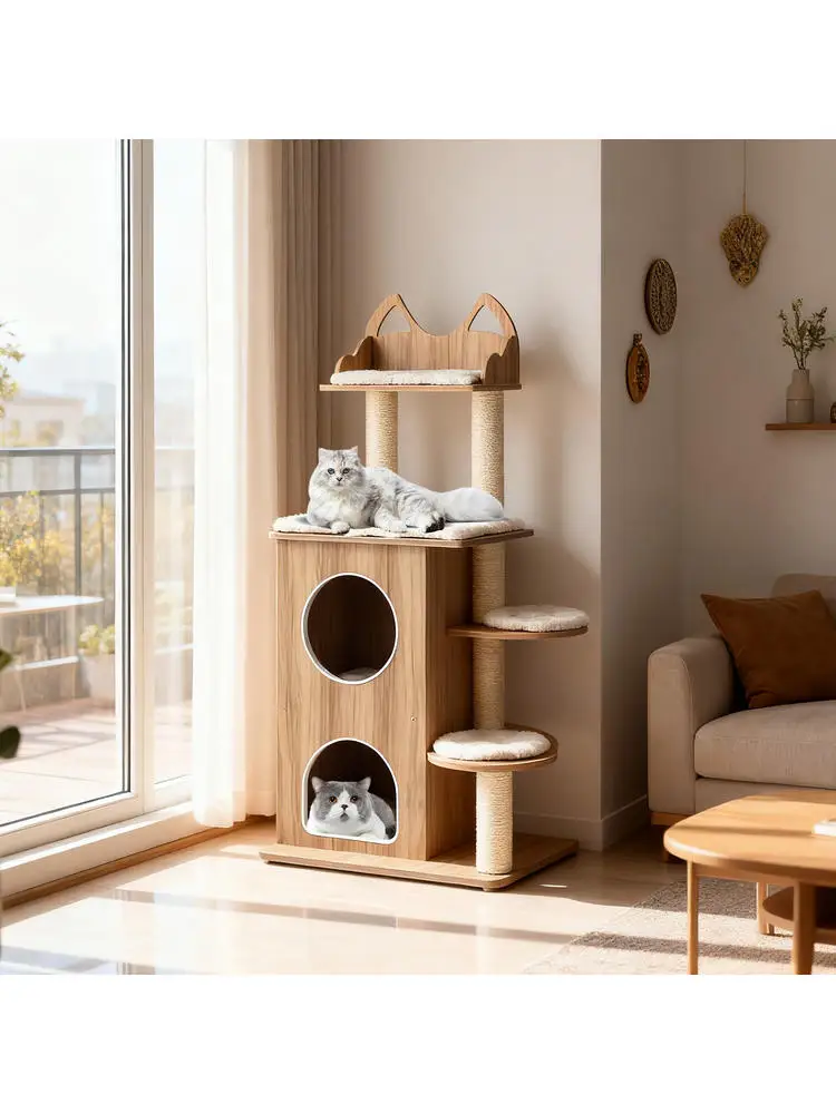 48 Inch houten kattenboom met 2 verdiepingen en wasbare kussens - naturel - afbeelding 2