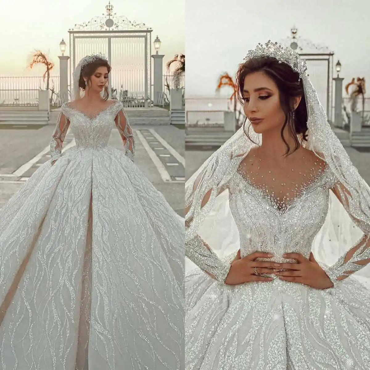 

Glitter Off Shoulder Ball Gown Wedding Dresses Luxury Sparkly Backless Beads Long Sleeve Bridal Gowns vestidos de novia robe