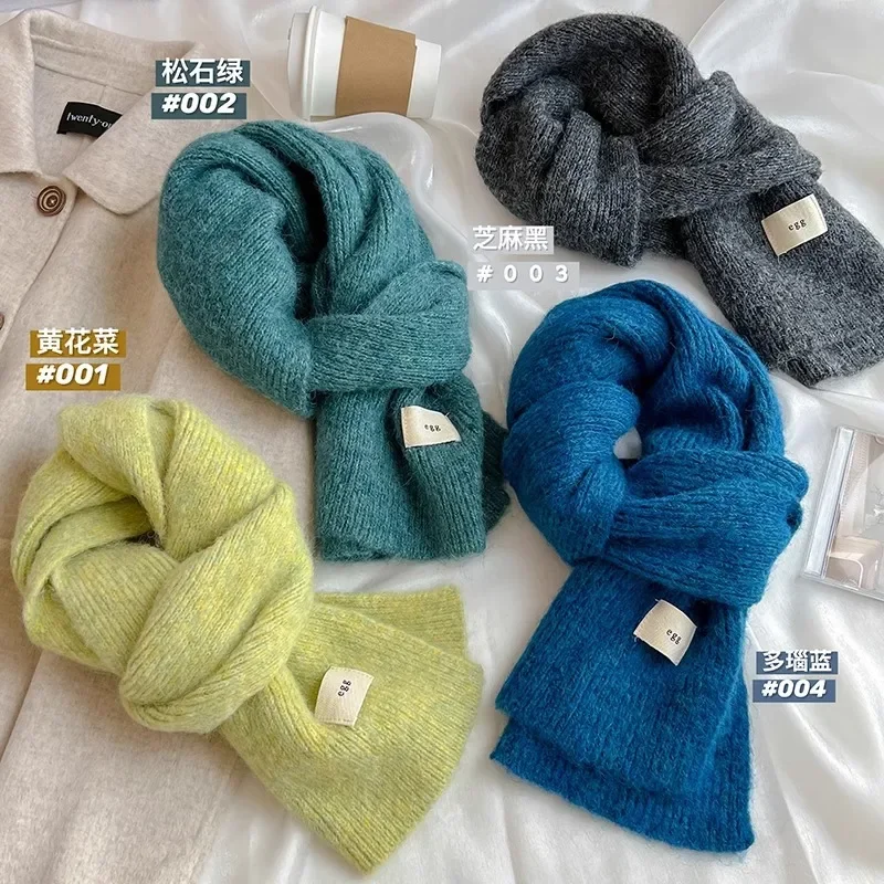 Korean Colorful Solid Mohair Knitted Scarf Women Men Autumn Winter Style Fashionable Soft Warm Thick Knitted Scarves Male Female