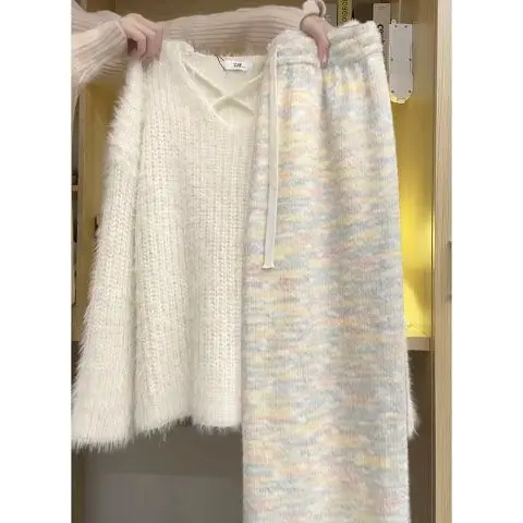 Two-piece Set 2024 Autumn and Winter New Korean Version Niche Fresh Loose Gentle Sweater Thin Rainbow Wide-leg Pants Set