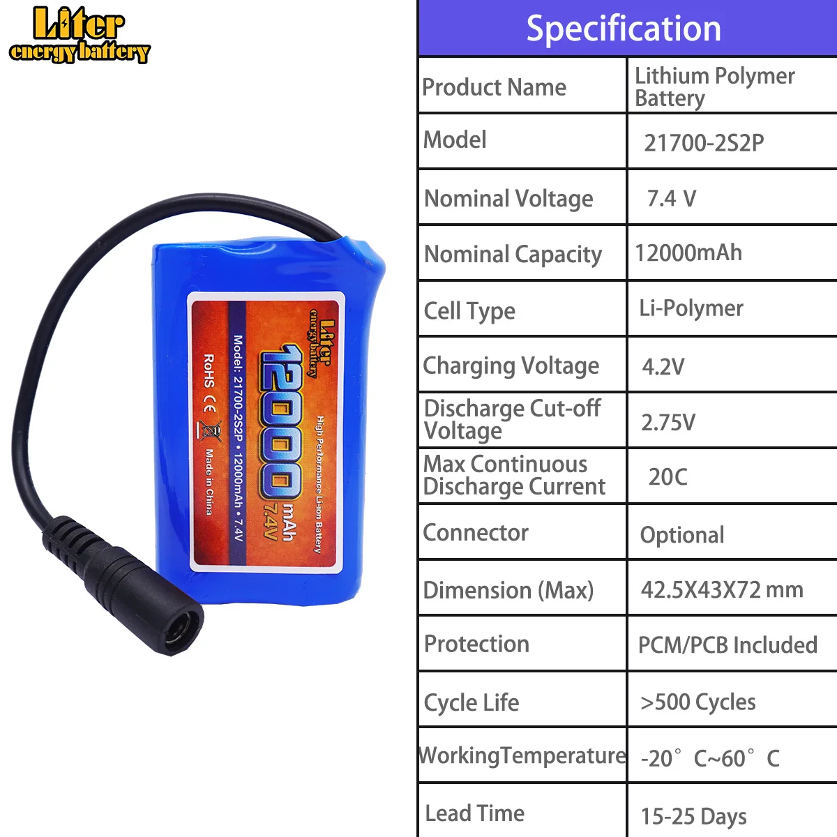 21700-2S2P 12000mah 7.4V connector, DC5.5 polymer lithium battery, remote control car power battery