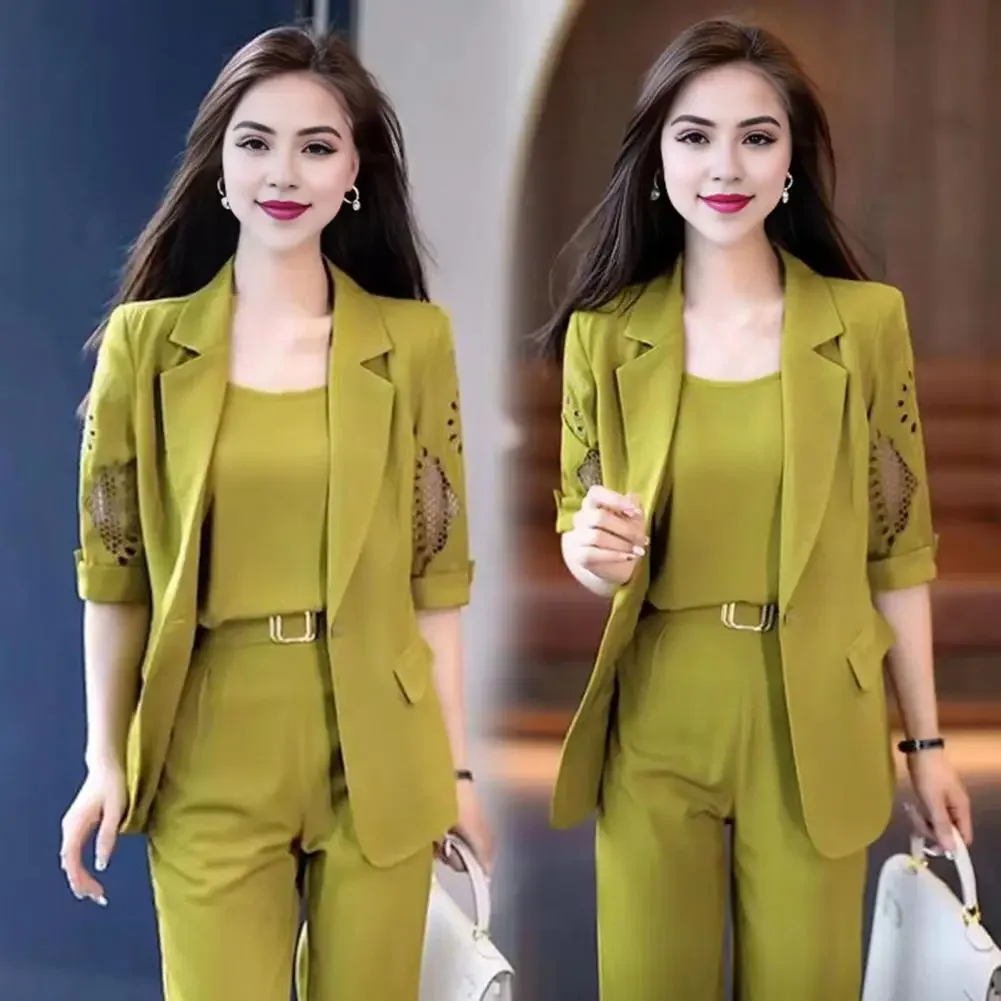 Women Office Wear Suit Women Formal Suit Elegant Women\'s Formal Suit Set with Sleeveless Vest High Waist Pants Half for Office