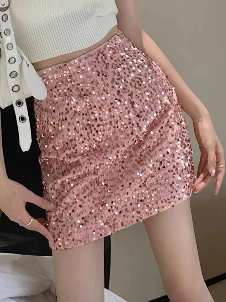 In inje jupe à paillettes taille haute Sexy Club fille f jupe de corps à la mode trajet Sle a-ligne coupe ajustée jupe ort couleur Pure