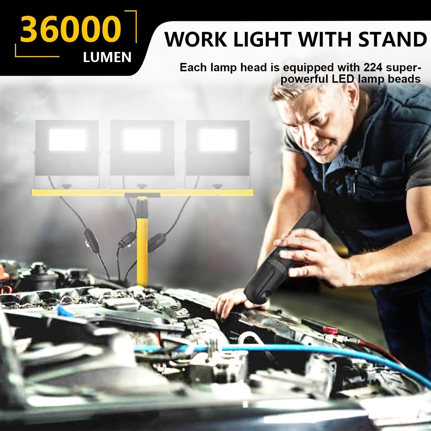 36000 Lumen Work Lights with Stand, 3 Adjustable Head LED Work Light with Adjustable and Foldable Tripod Stand, IP67 Waterproof