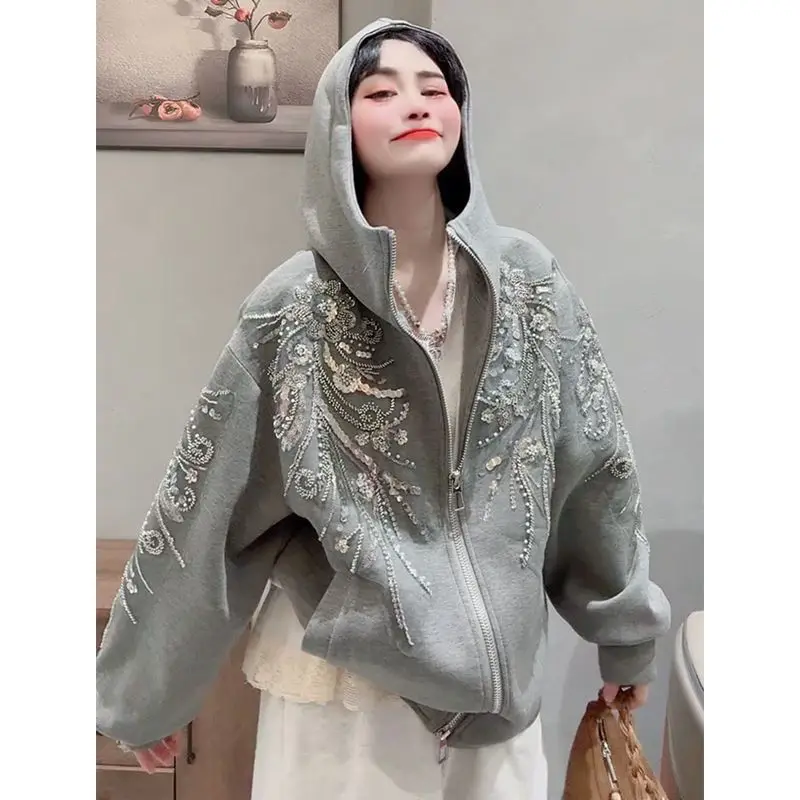 

Advanced Sense Heavy Industry Sequin Hoodie Coat European Station Spring Autumn New Temperament Everything with Solid Color Top