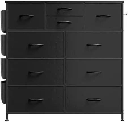 

Dresser for Bedroom with 10 Drawers, PU Fabric Tower with Side Pockets, Tall Chest of Drawers for Nursery, Hallway, Closets (Bl