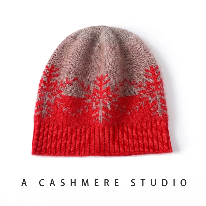 

Кашемировая жаккардовая вязаная шапка без рамок 202, женская шапка со снежинками, Рождественский подарок, женская зимняя толстая кашемировая теплая шапка