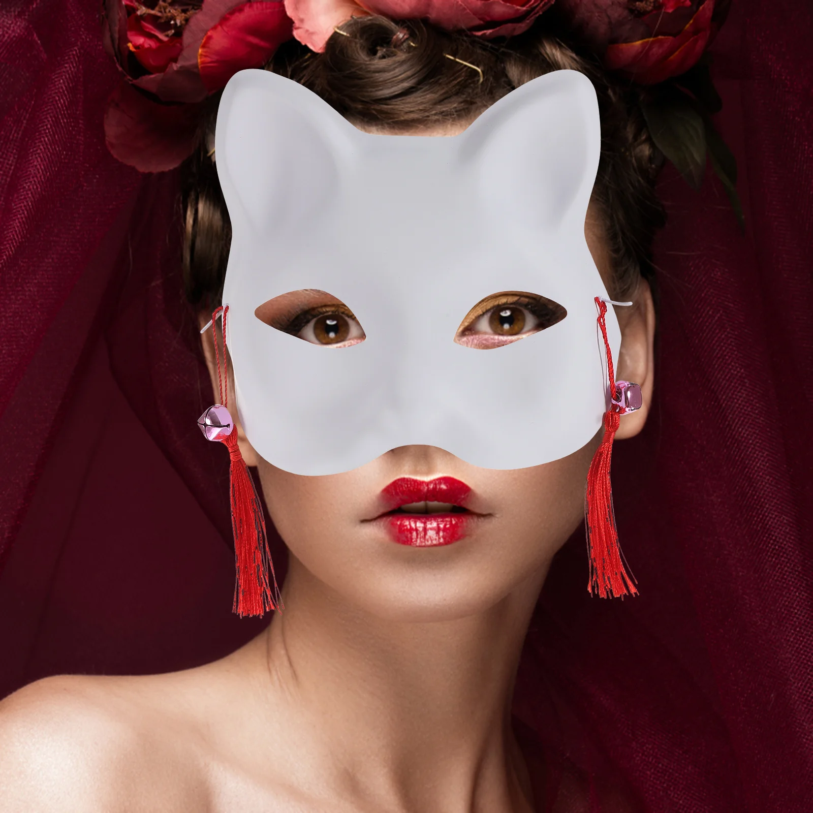 2 pezzi di maschere per gatti in stile giapponese bianche oggetti di scena creativi per foto per banchetti in maschera per feste di Halloween, decorazioni per costumi