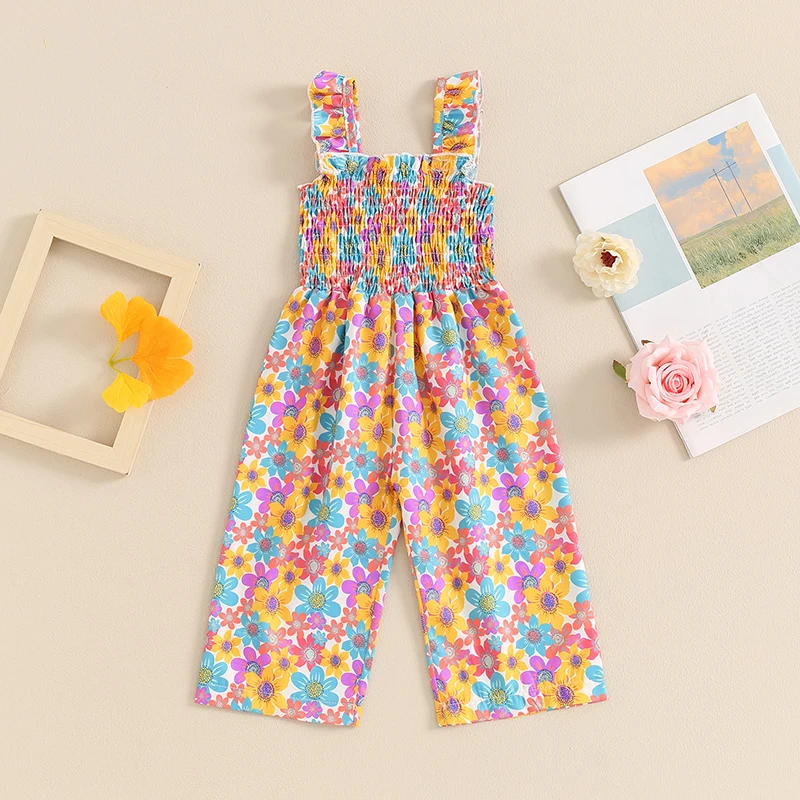 Toddler Baby Girl Summer Outfit Ruffle Sleeveless Romper Smocked Floral Jumpsuit Playsuit Suspender Pants