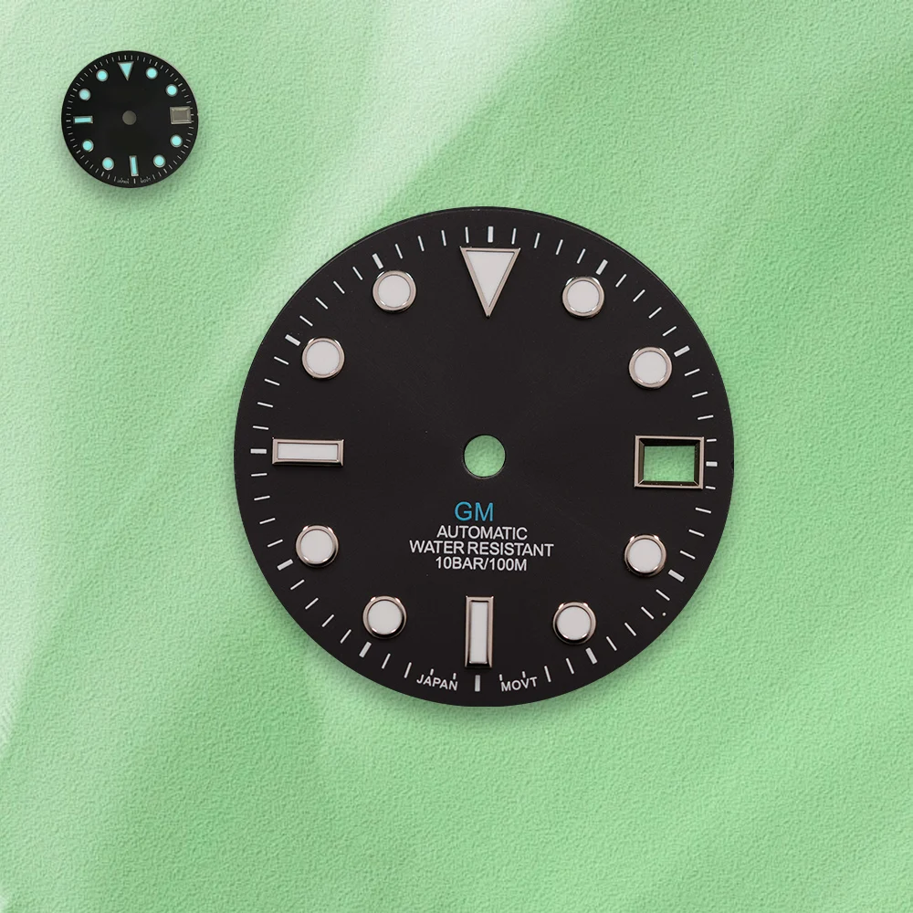 Vendite calde 28,5 mm S Logo quadrante nero GMT Cornice calendario argento Blu ghiaccio Luminoso Fit NH34 Movimento Orologio Accessori per la modifica