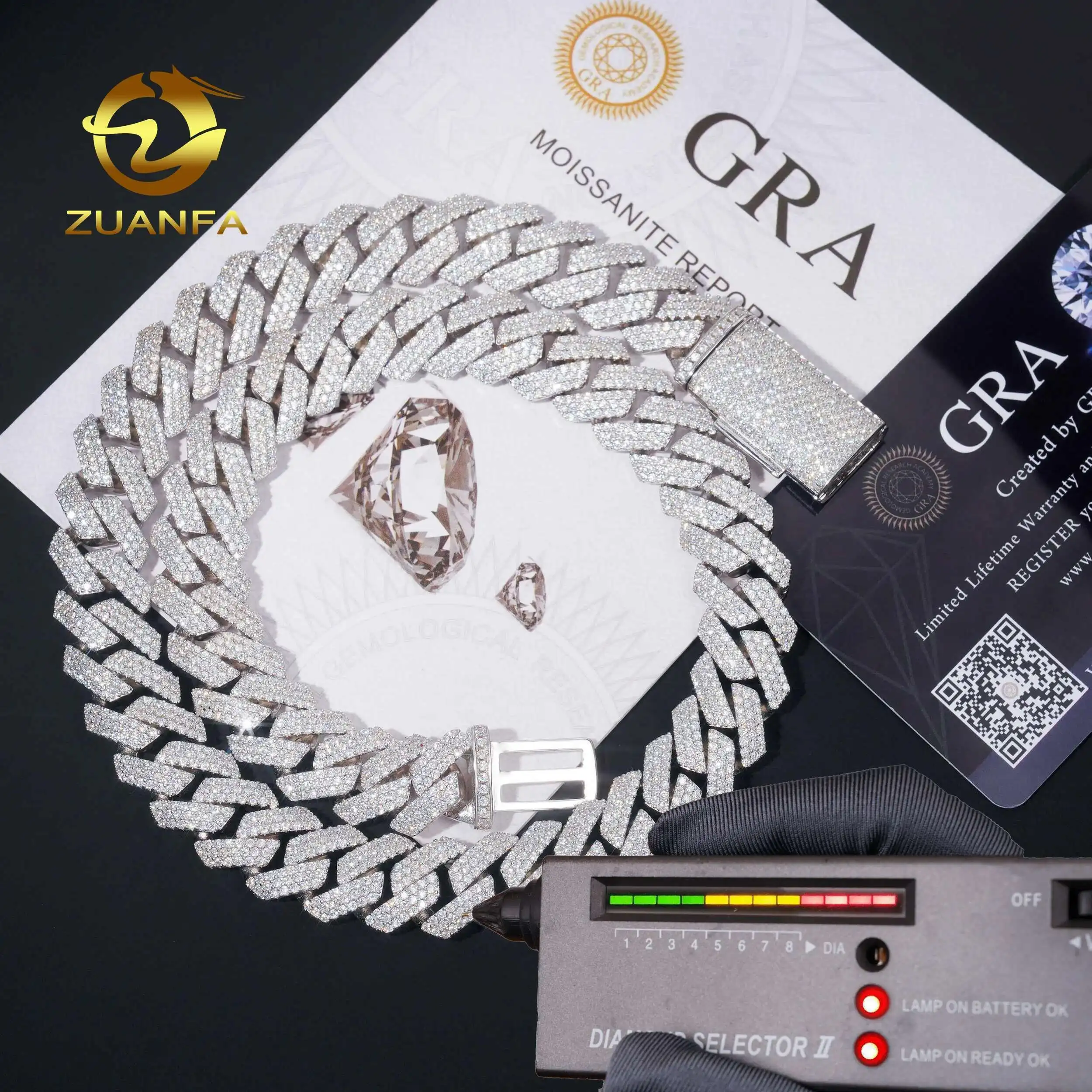 

Pass Diamond Tester 925 Sterling Silver 14mm 3 Rows Diamond Iced Out Miami Hip Hop Moissanite Diamond Cuban Link Chain