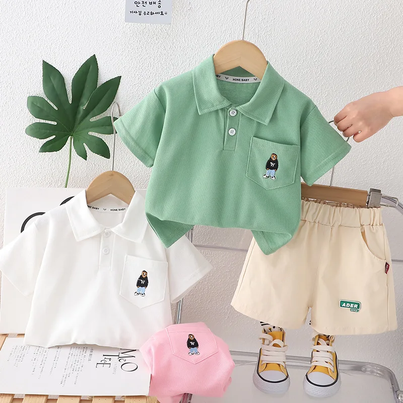 Summer Baby Boy Infant Clothes 2024 Korean Casual Cartoon Turn Down Colar Short Sleeve T-shirts and Shorts Kids Boys Outfit Set