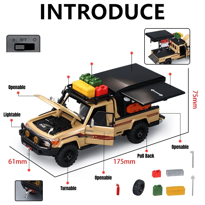 1/32 TOYOTA Land Cruiser LC79 Camping Off Road Toy Car Diecast Alloy Miniature Pull Back Sound & Light Collection Model Gift Boy view 2