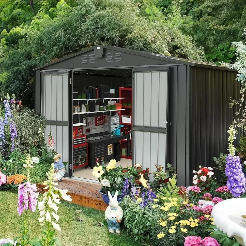 

Outdoor Shed - 10 x 8 FT Storage Galvanized Metal Shed with Slide Door, Tool Storage Backyard for Backyard Patio Lawn