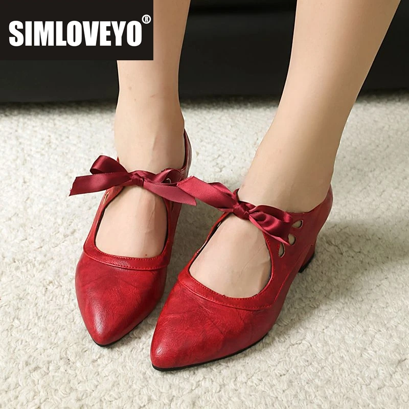 

SIMLOVEYO 2025 Новые офисные женские туфли-лодочки с острым носком на блочном каблуке 6 см, на шнуровке, большой размер 41 42 43 33, винтажная женская обувь Мэри Джейн