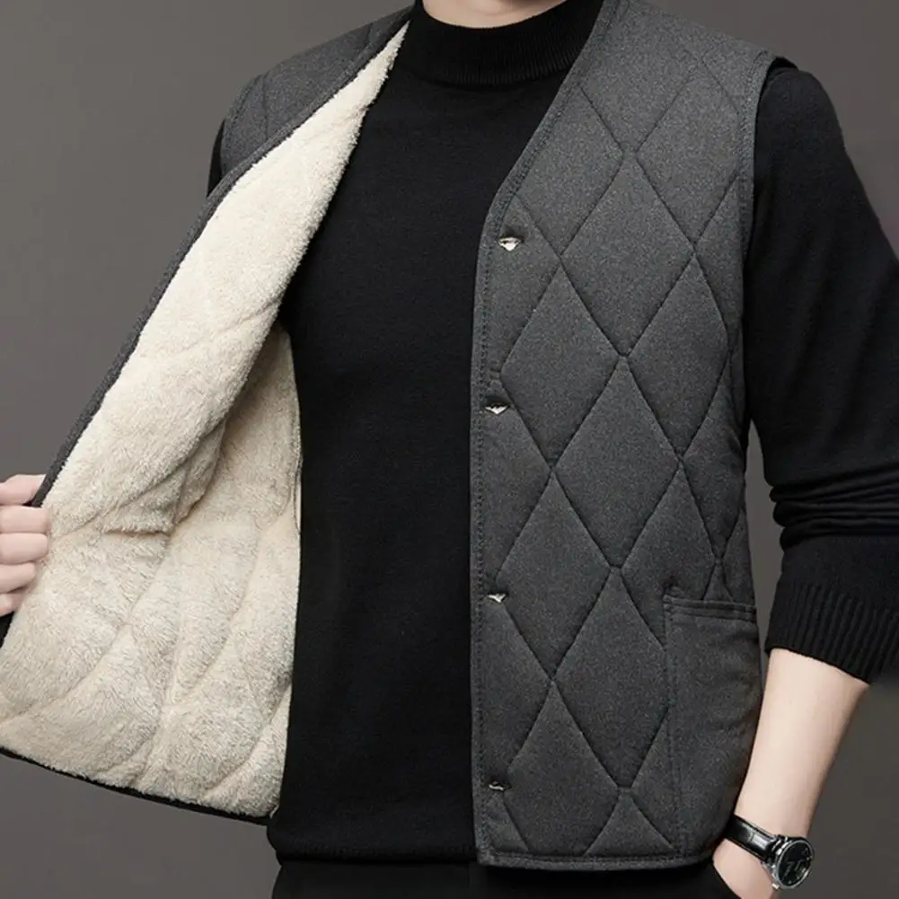 Men Winter Vest Single-breasted Sleeveless Padded Waistcoat V Neck Plush Lining V Neck Waistcoat Autumn Men Casual Waistcoat