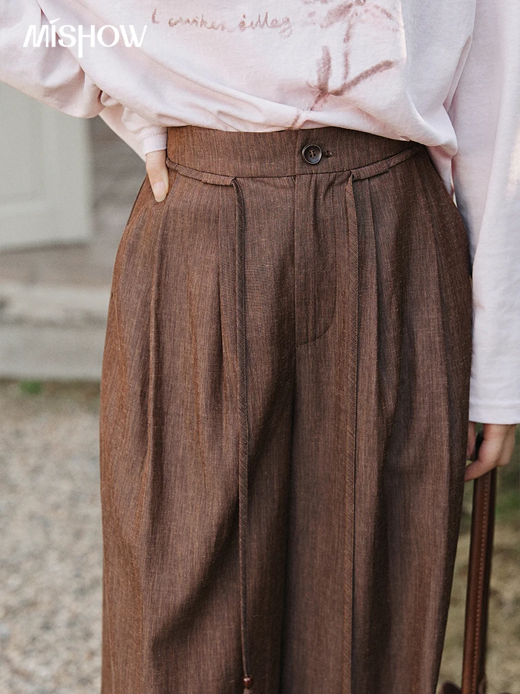 MISHOW Women's Linen Retro High Waist Wide Leg Pants 2026 Spring Drawstring Waist Pleated Casual Loose Brown Trousers MXF15K1238
