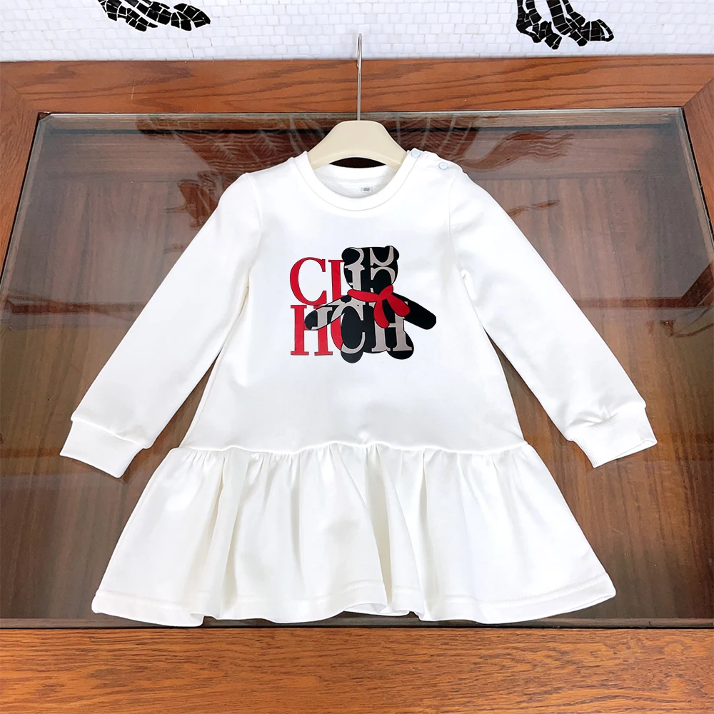 Designer children's clothing 2y-12y autumn new item girls cartoon letter printed round neck sweet dress holiday gift