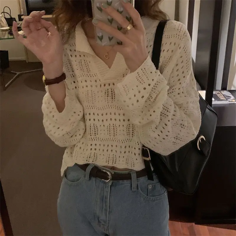 Autumn and Winter Women's Pullover Polo with Perforated Solid Color Hollow Long Sleeve Sweater Knitted Bottom Elegant Tops