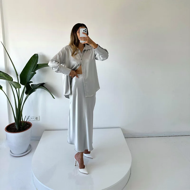 

Fashion casual suit high-end satin temperament long-sleeved shirt high waist big sway skirt two-piece club clothing Vestidos