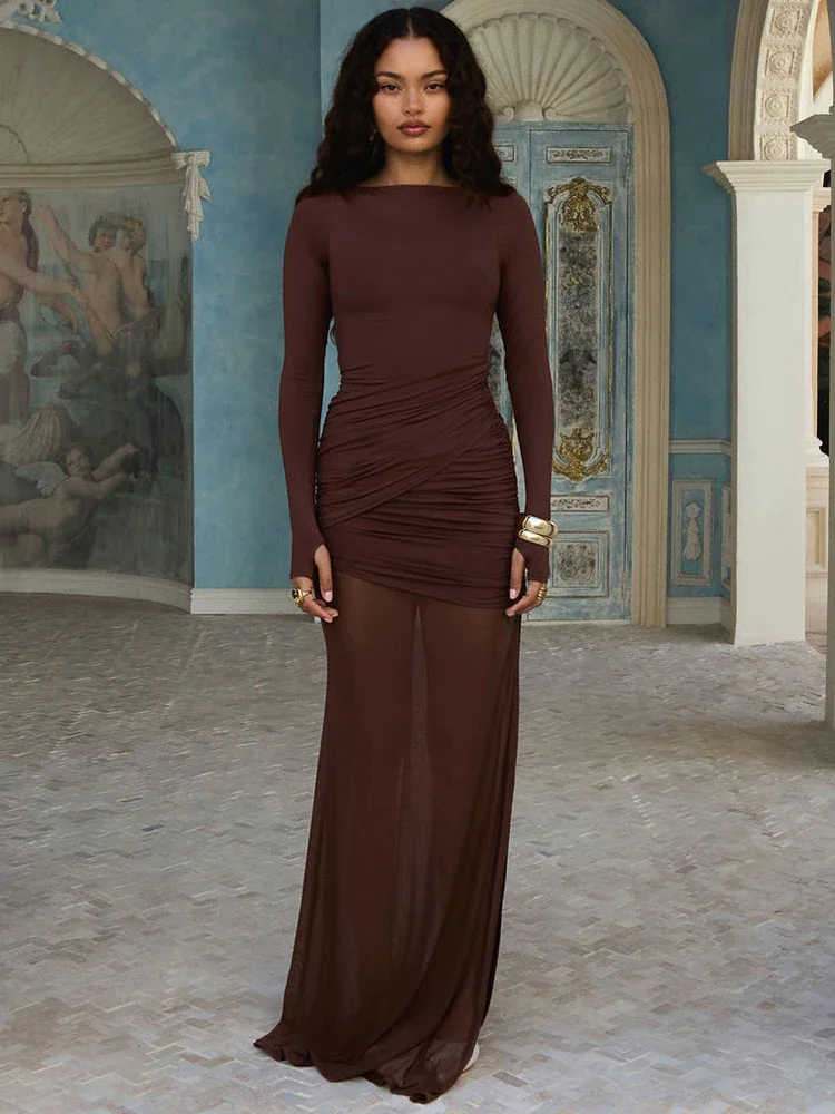 

Long Sleeve Backless Ruched Sexy Maxi Dress Women Gown Elegant Patchwork O Neck High Waist Bodycon Club Party Dresses