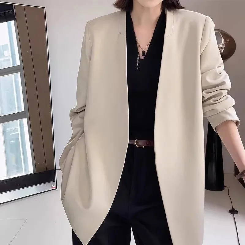 Women's Jackets  Loose Fashion Cardigan Casual Apricot Suit Jacket Women's Autumn High-grade Loose Collarless Ladies Suit Jacket