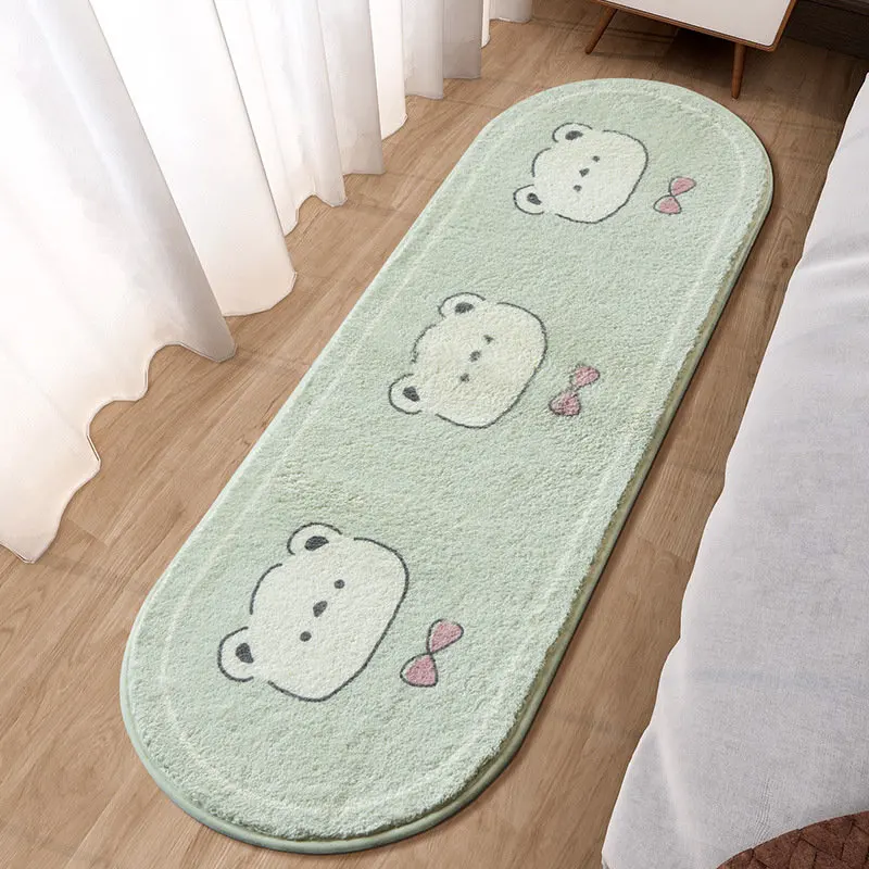VIKAMA Cute Mint Green Bear Face Pink Bow Runner Rug, Soft Fluffy Plush Non Slip Long Carpet, Washable Kids Girls Bedroom Mat